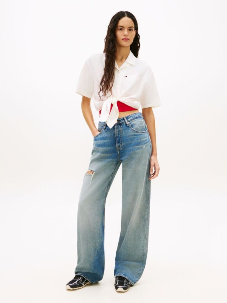 White Relaxed Fit Linen Blend Tie Front Shirt  Women