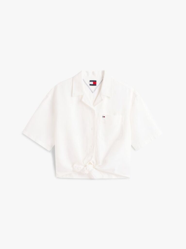 White Relaxed Fit Linen Blend Tie Front Shirt  Women