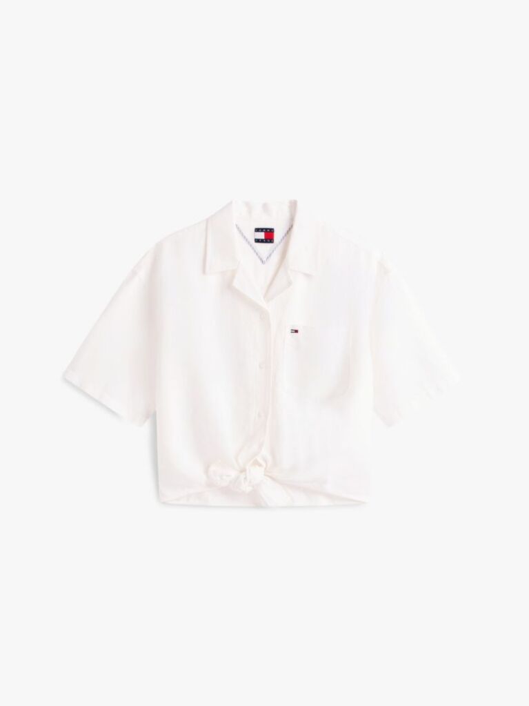 White Relaxed Fit Linen Blend Tie Front Shirt  Women