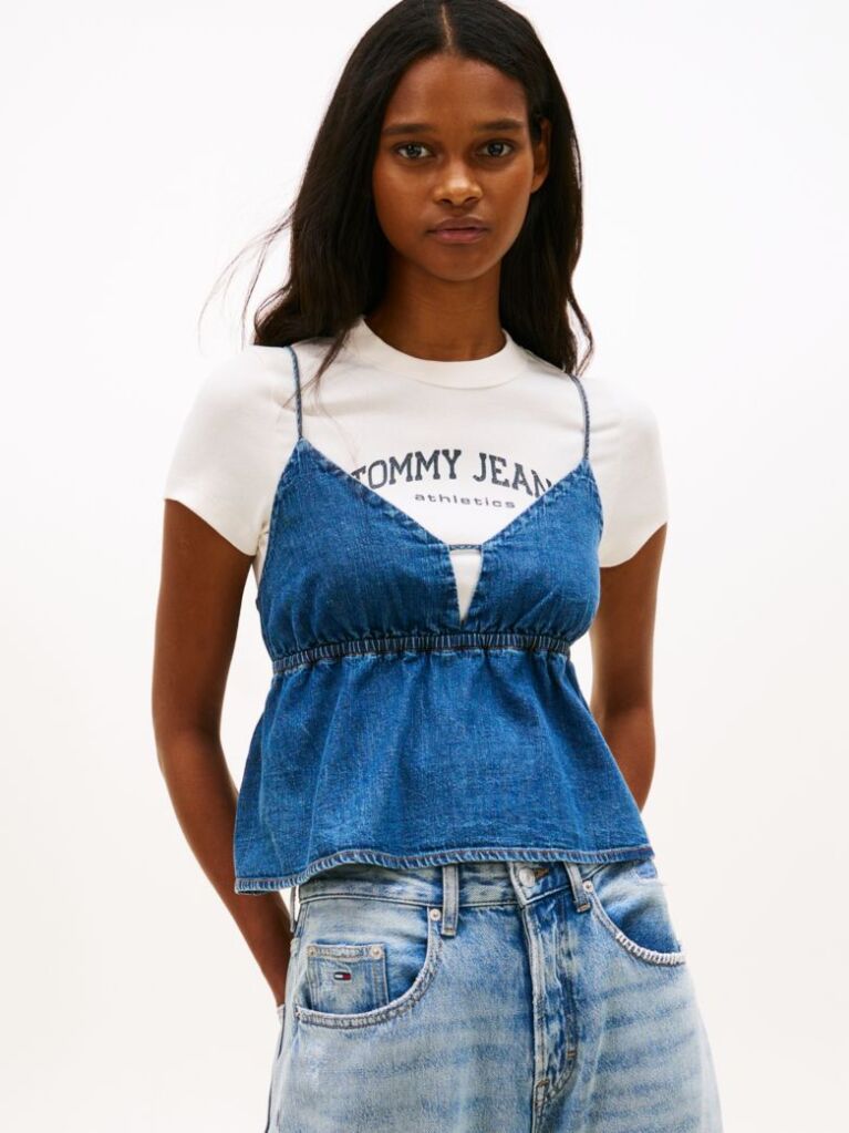 Denim Chambray Top Slim Cu Bretele Subtiri Si Decolteu In V  Femei