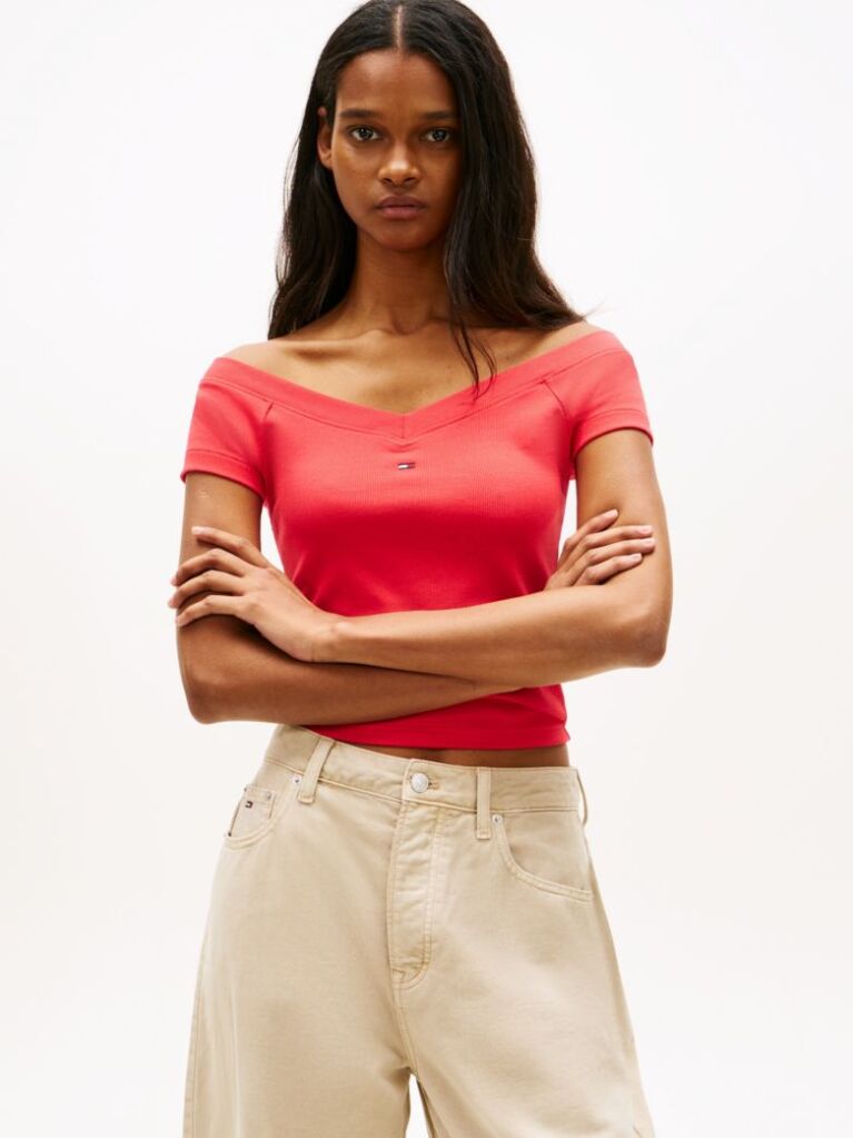 Rosu Top Slim Ribbed Cu Umeri Descoperiti  Femei