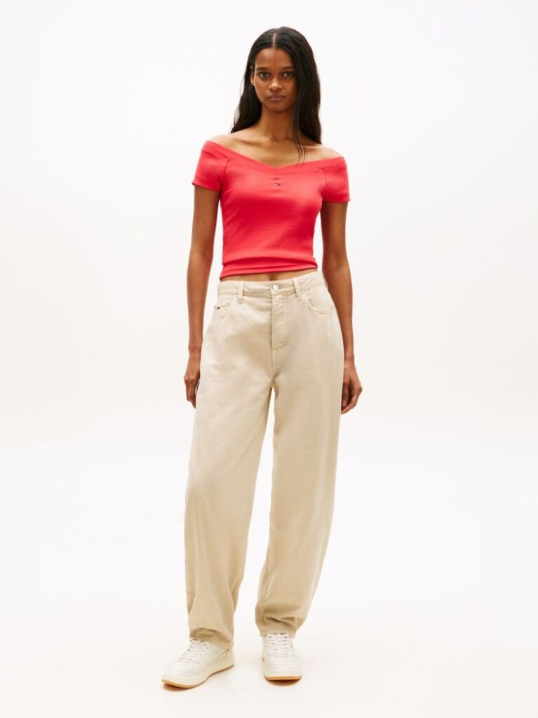Rosu Top Slim Ribbed Cu Umeri Descoperiti  Femei