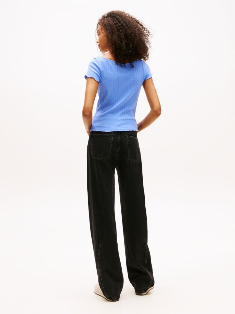 Blue Bluza Cu Guler Boat Ribbed Cu Volane  Femei