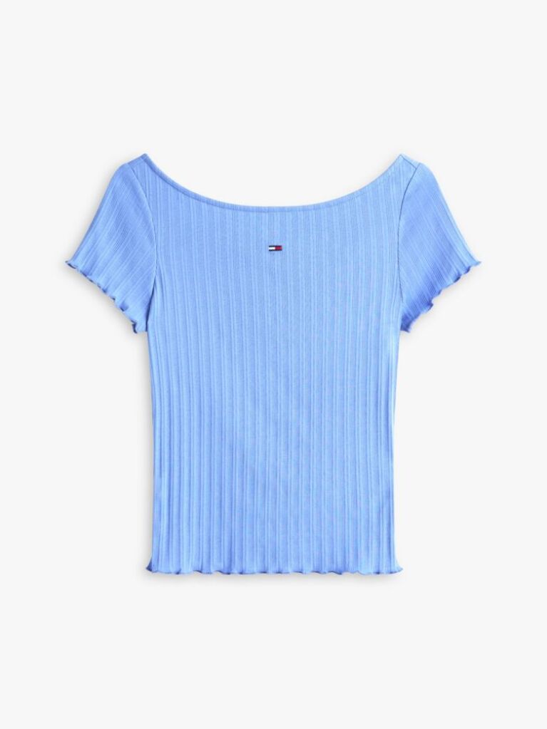Blue Bluza Cu Guler Boat Ribbed Cu Volane  Femei