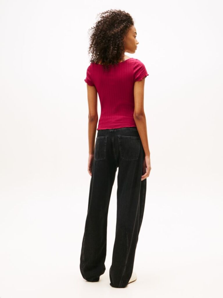 Roz Bluza Cu Guler Boat Ribbed Cu Volane  Femei