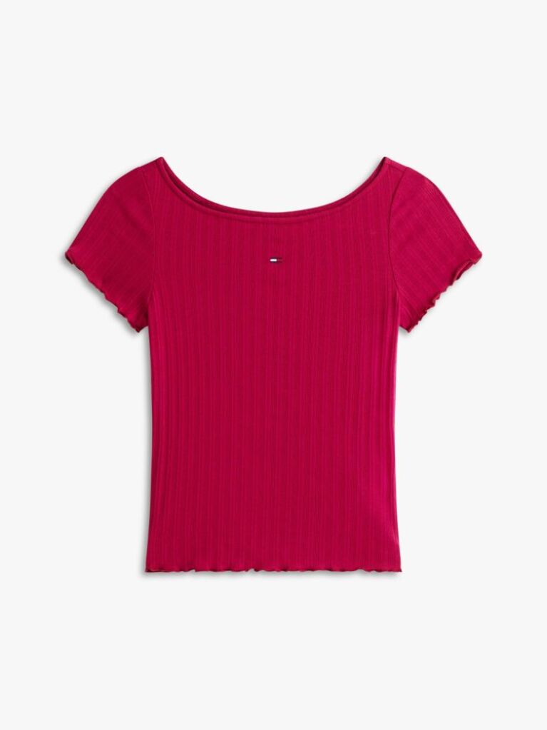 Roz Bluza Cu Guler Boat Ribbed Cu Volane  Femei
