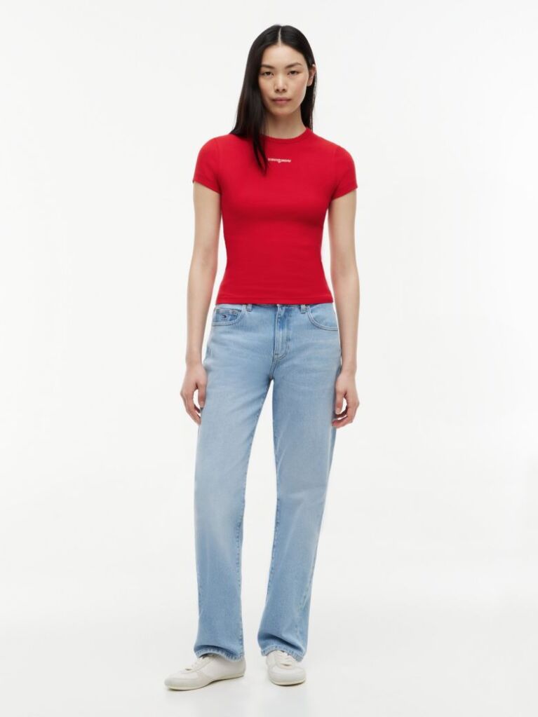 Rosu Tricou Slim Cu Logo Si Dungi  Femei