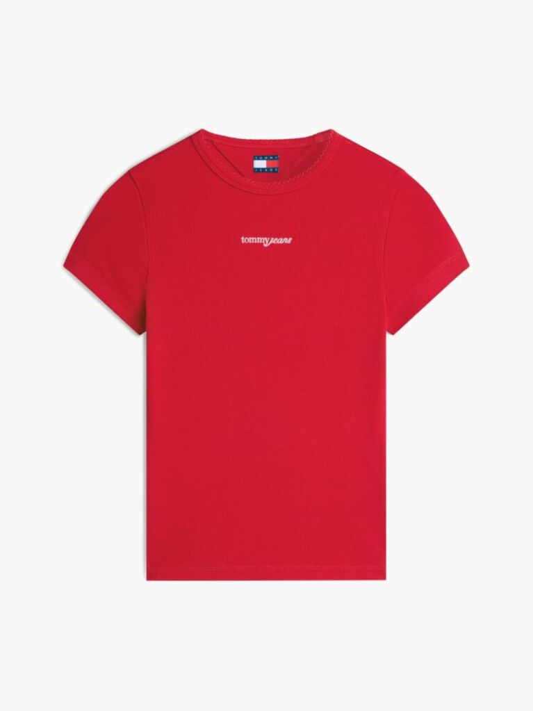 Rosu Tricou Slim Cu Logo Si Dungi  Femei