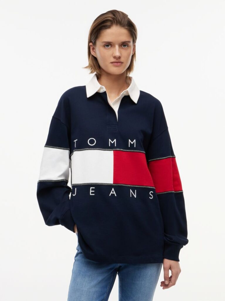 Blue Tommy Flag Jersey Oversized Rugby Shirt  Women