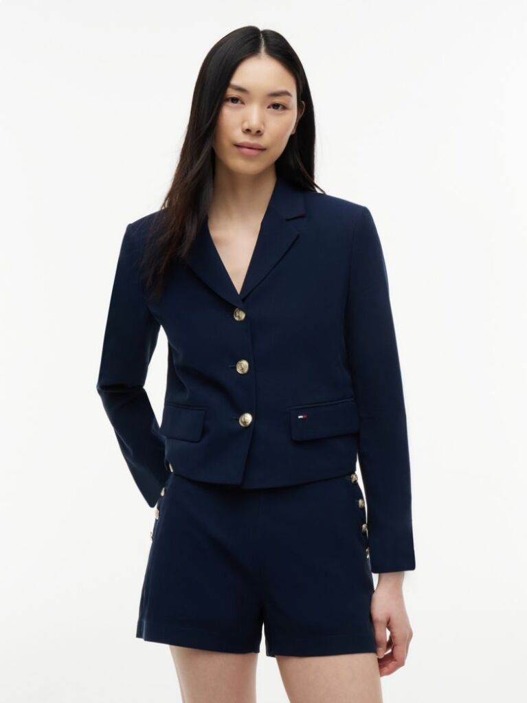 Blue Blazer Scurt Cu Croiala Normala Si Nasturi Aurii  Femei