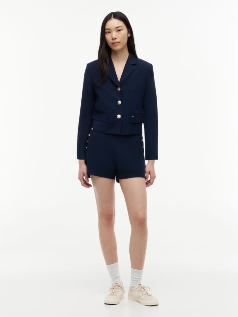 Blue Blazer Scurt Cu Croiala Normala Si Nasturi Aurii  Femei