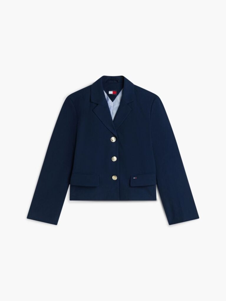 Blue Blazer Scurt Cu Croiala Normala Si Nasturi Aurii  Femei