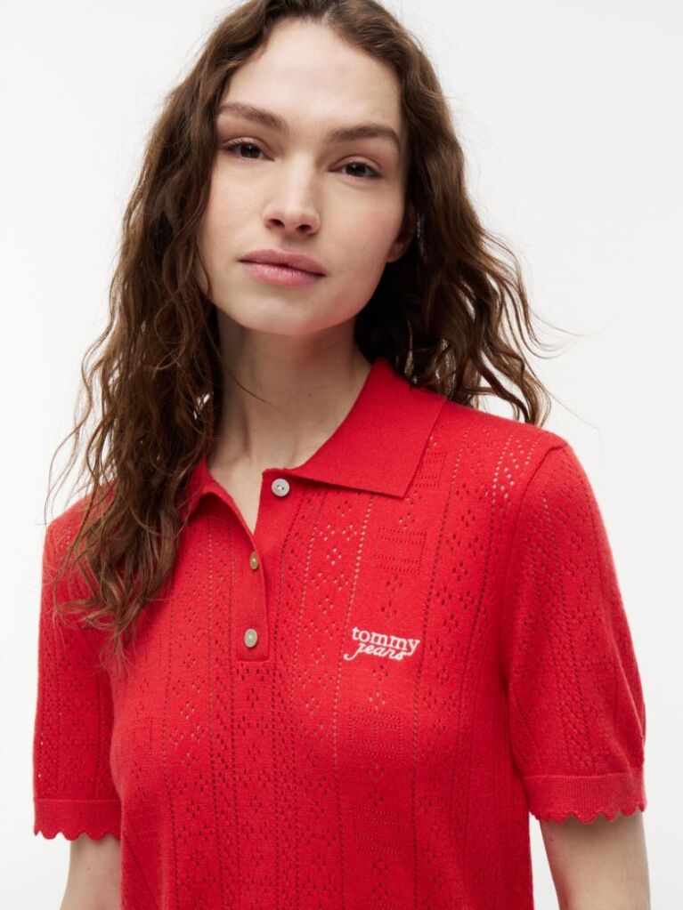 Rosu Pulover Polo Pointelle Cu Maneci Scurte  Femei