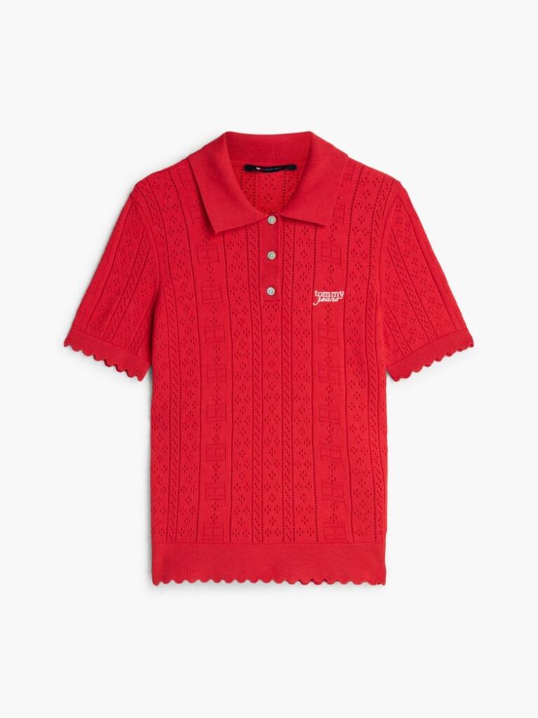 Rosu Pulover Polo Pointelle Cu Maneci Scurte  Femei