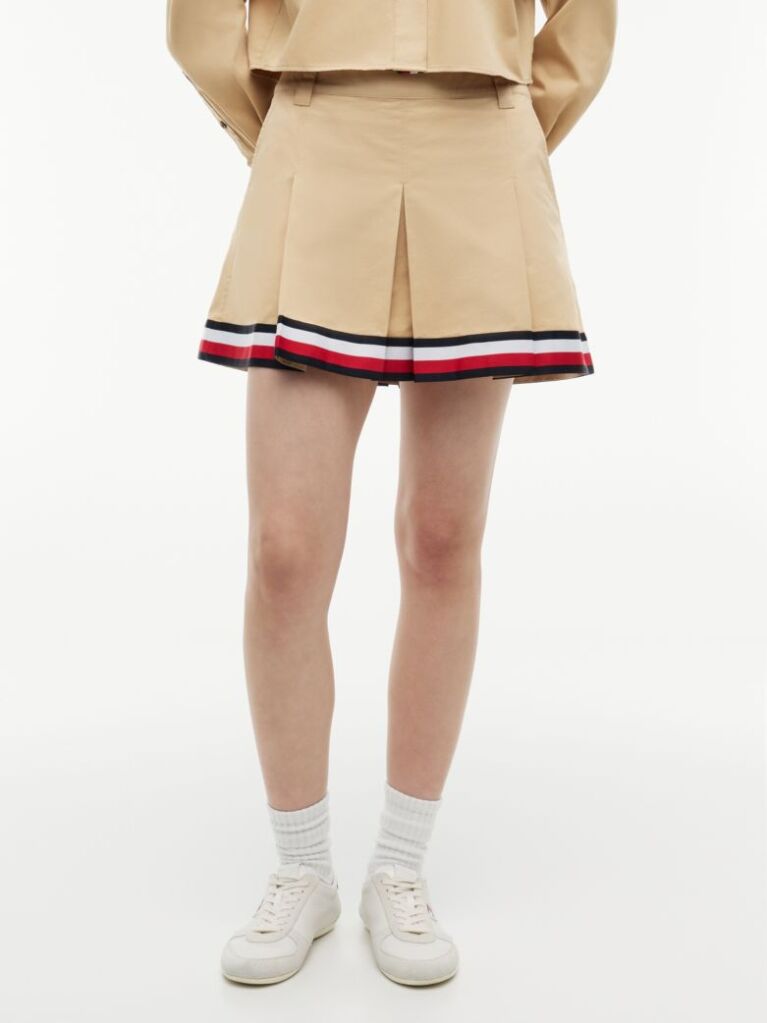 Beige Global Stripe Tape Pleated Mini Skirt  Women