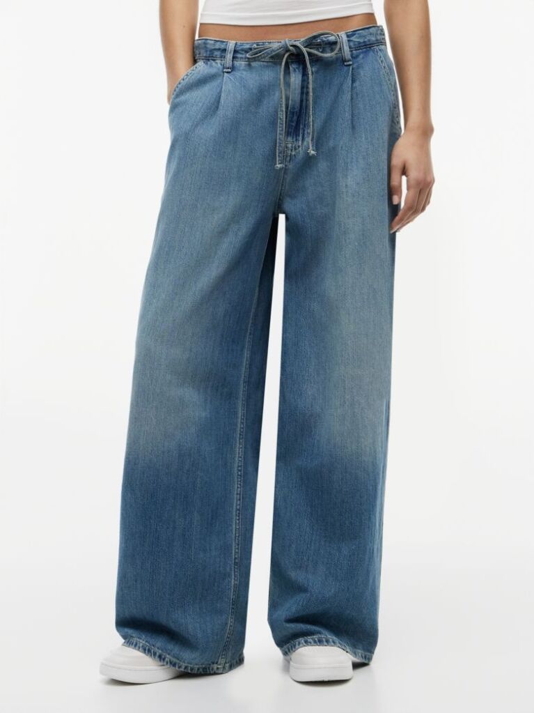 Denim Drawstring Loose Wide Leg Jeans With Linen  Women