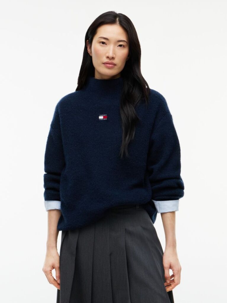 Blue Pulover Din Alpaca Cu Guler Mock Si Steag  Femei