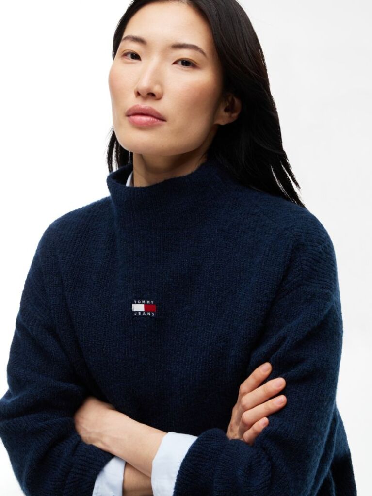 Blue Pulover Din Alpaca Cu Guler Mock Si Steag  Femei