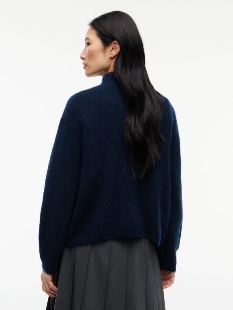 Blue Pulover Din Alpaca Cu Guler Mock Si Steag  Femei