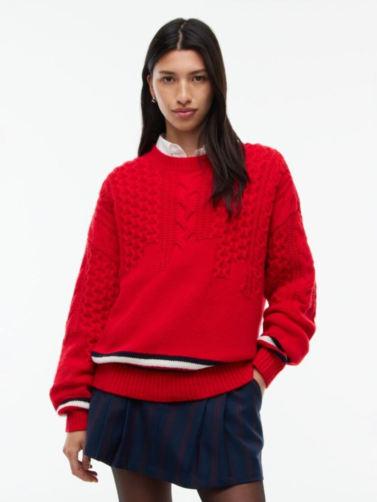 Rosu Pulover Tricotat  Cu Croiala Oversized Din Lana Pura   Femei