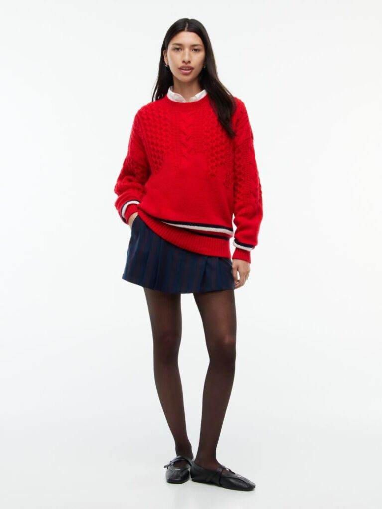 Rosu Pulover Tricotat  Cu Croiala Oversized Din Lana Pura   Femei