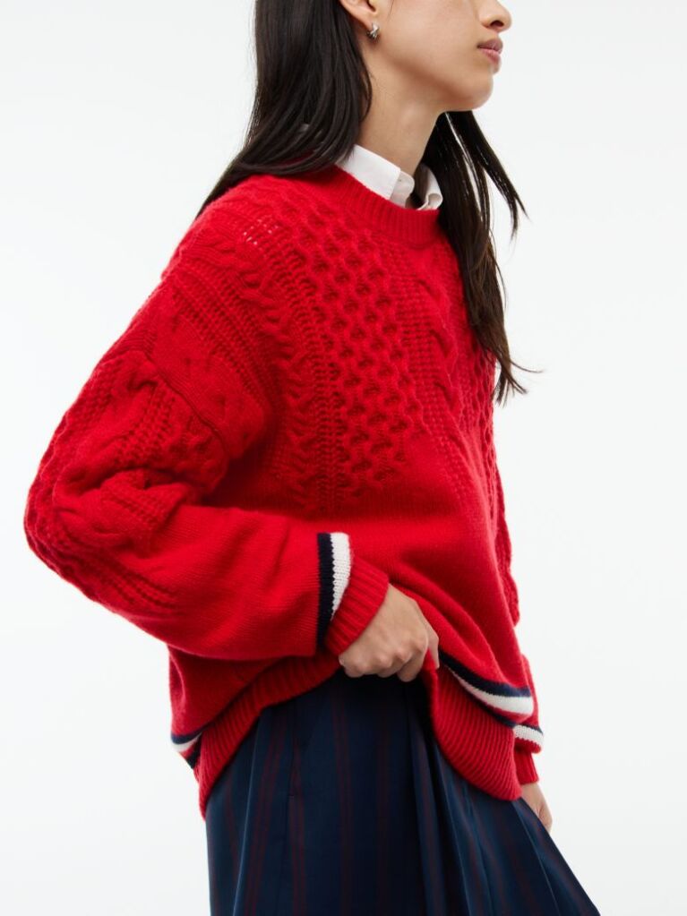 Rosu Pulover Tricotat  Cu Croiala Oversized Din Lana Pura   Femei