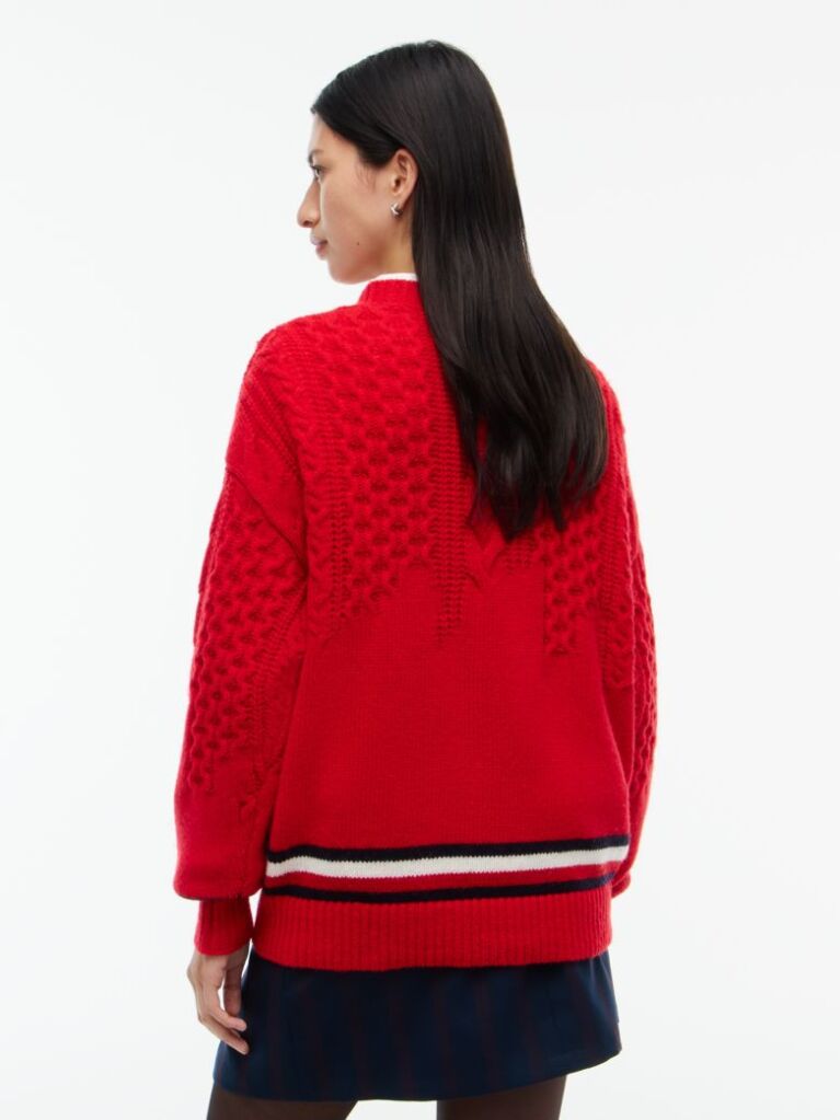 Rosu Pulover Tricotat  Cu Croiala Oversized Din Lana Pura   Femei