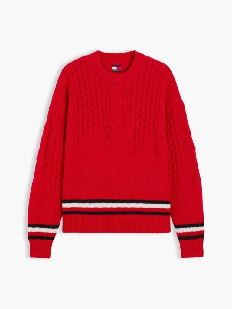 Rosu Pulover Tricotat  Cu Croiala Oversized Din Lana Pura   Femei