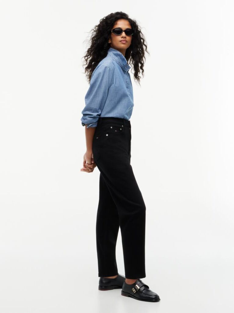 Denim Blugi Negri Cu Croiala Tapered Mom Si Talie Inalta  Femei