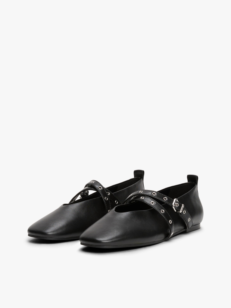 Black Leather Crossover Strap Mary Janes  Women