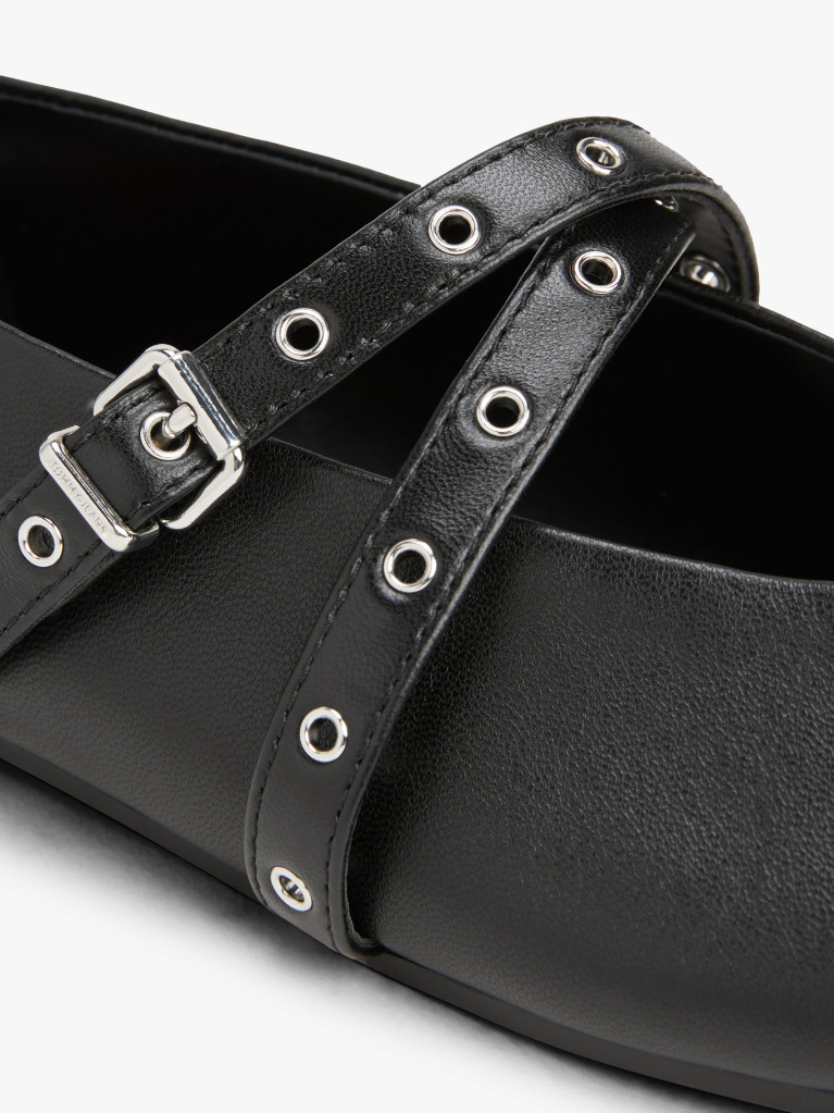 Black Leather Crossover Strap Mary Janes  Women