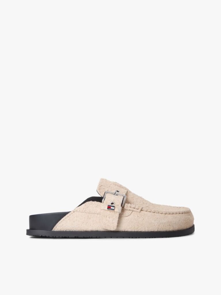 Beige Textured Suede Buckle Mules  Women
