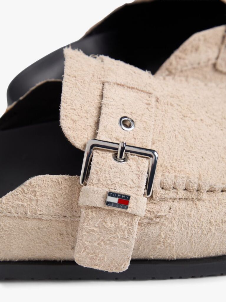 Beige Textured Suede Buckle Mules  Women