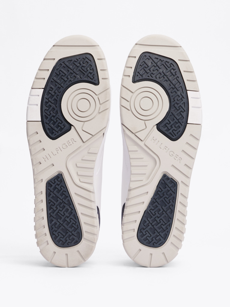 White Leather Mixed Texture Basketball Trainers  Men