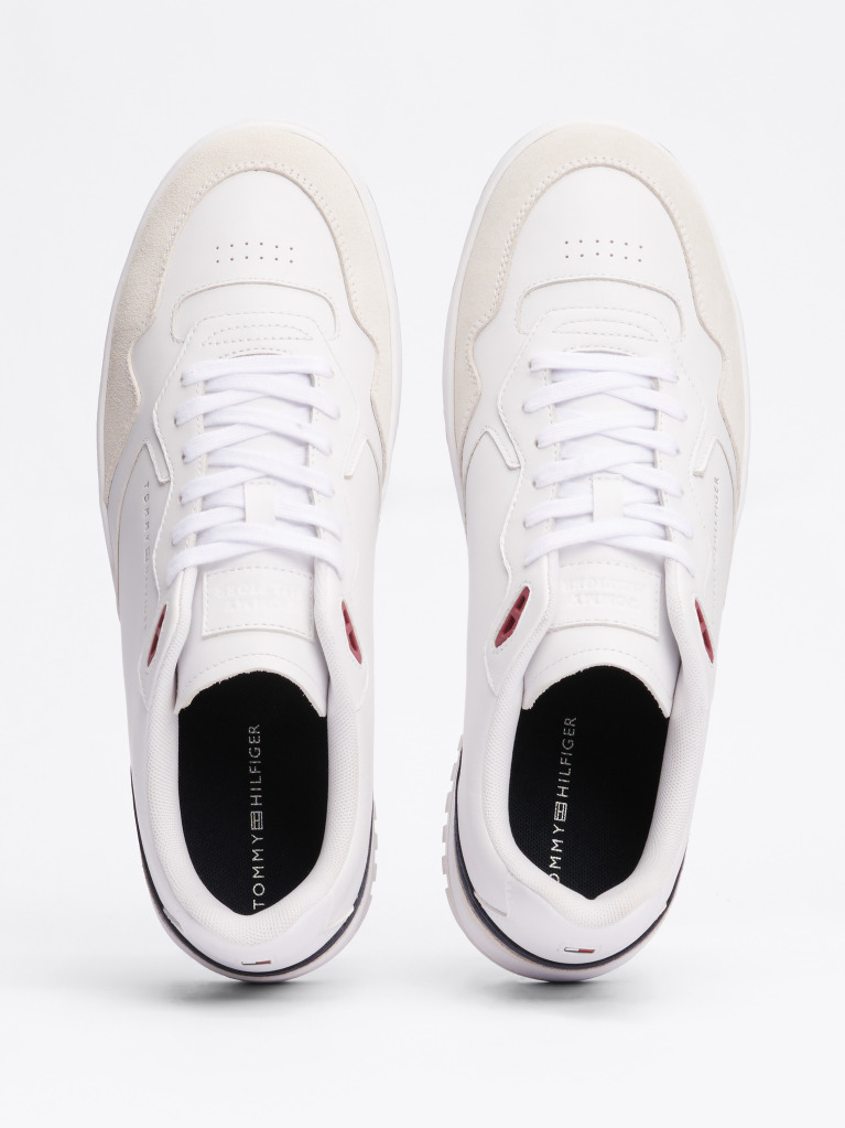 White Leather Mixed Texture Basketball Trainers  Men