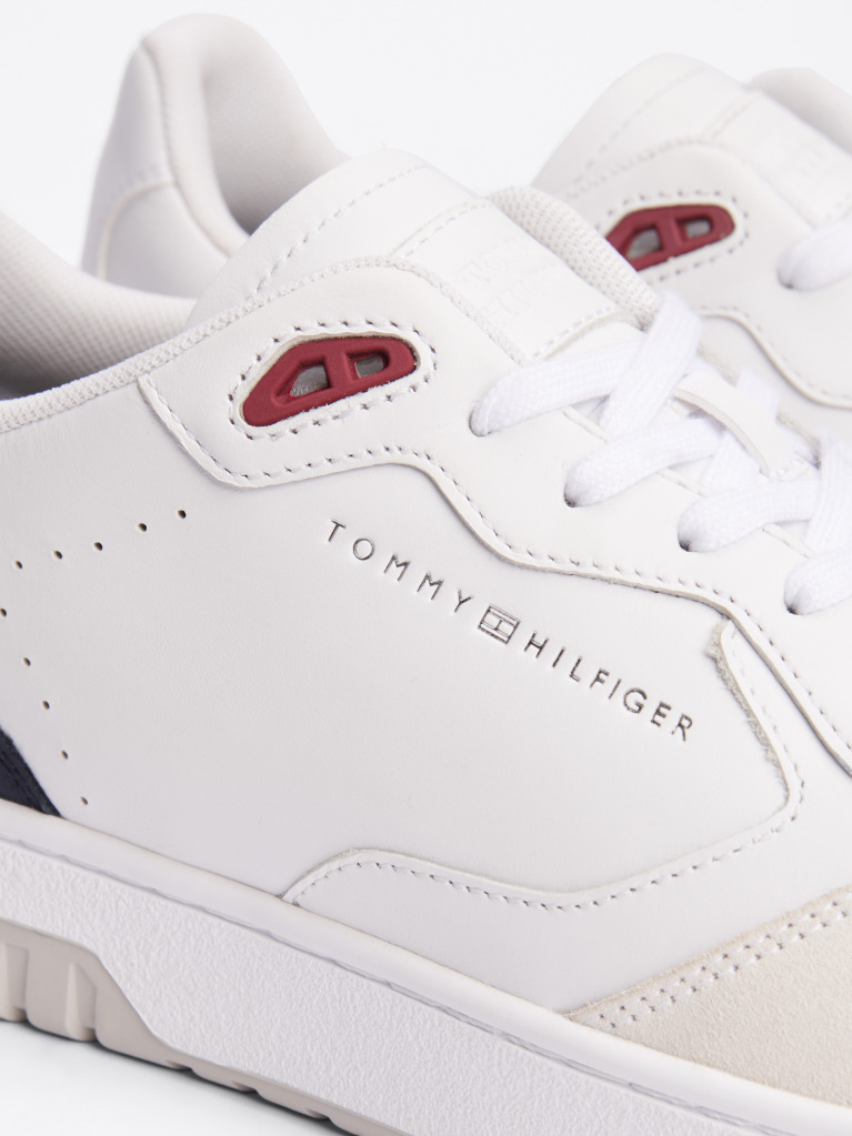 White Leather Mixed Texture Basketball Trainers  Men