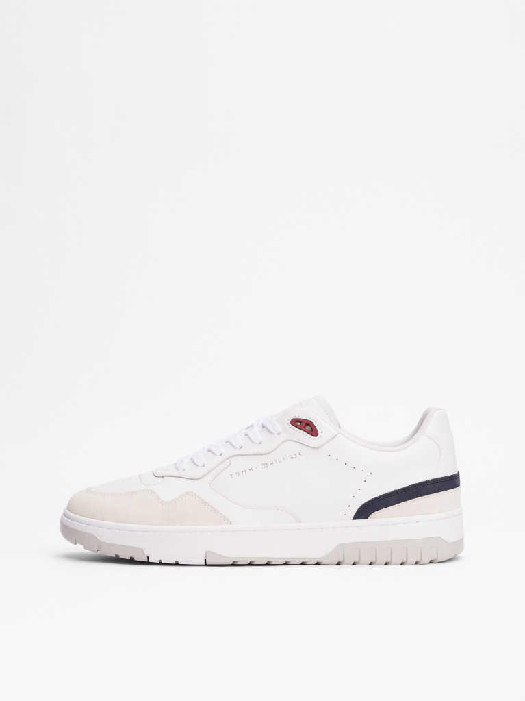 White Leather Mixed Texture Basketball Trainers  Men