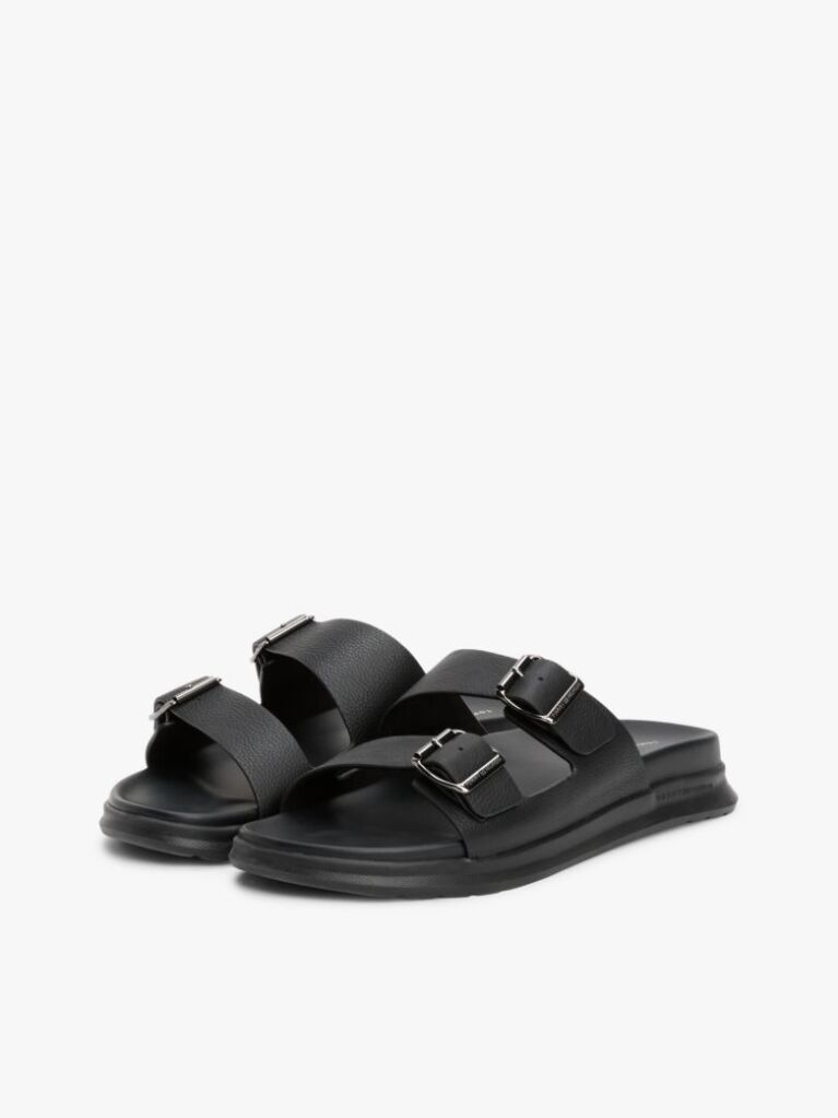 Black Leather Buckle Strap Sandals  Men