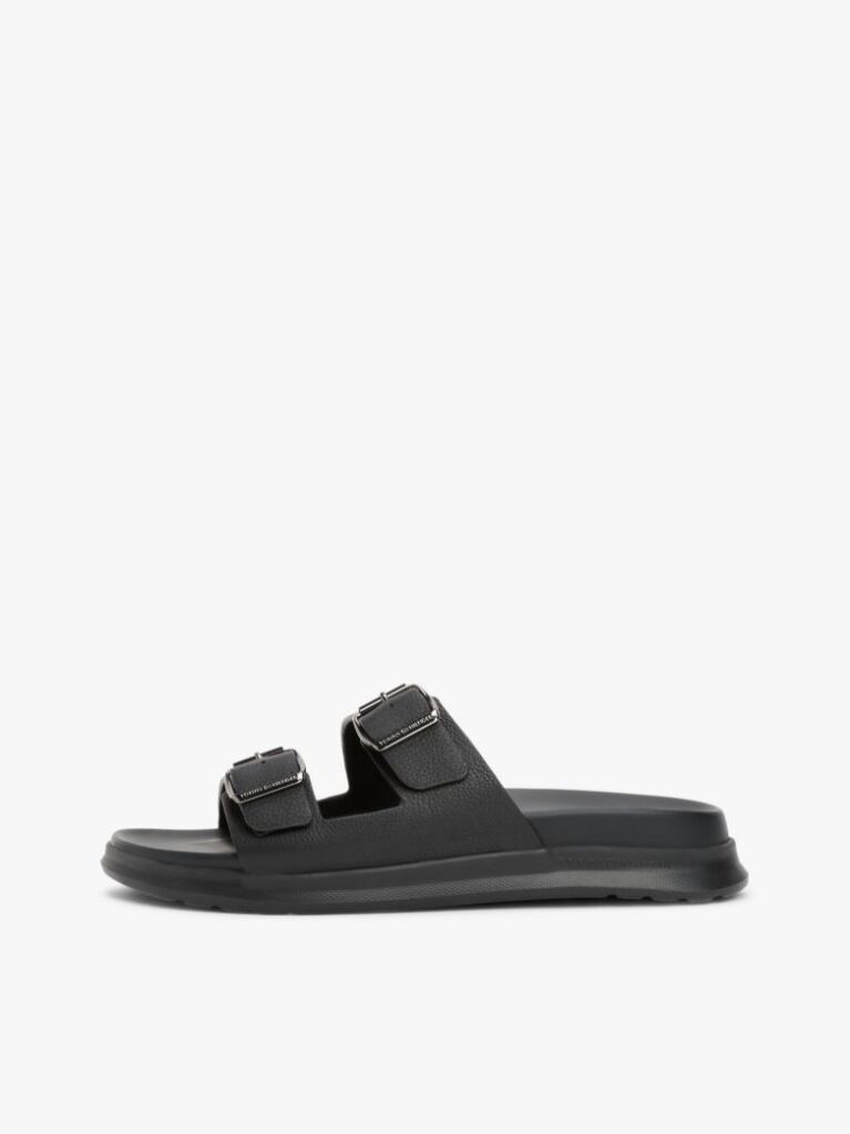 Black Leather Buckle Strap Sandals  Men