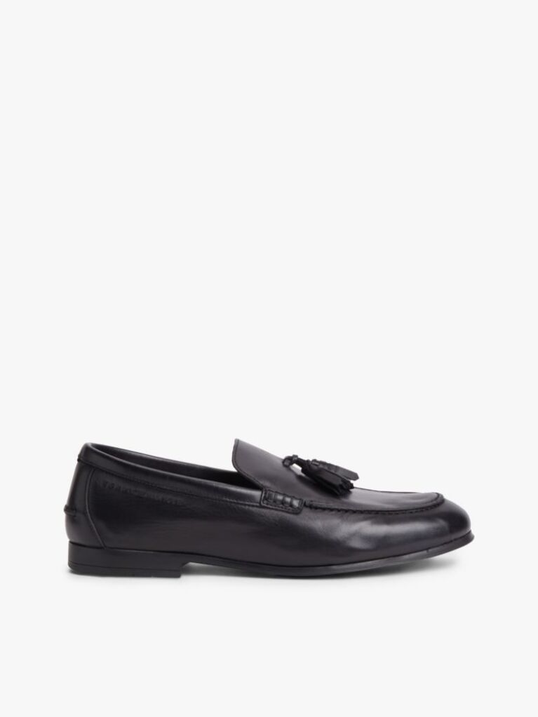 Black Logo Tassel Flexible Leather Loafers  Men