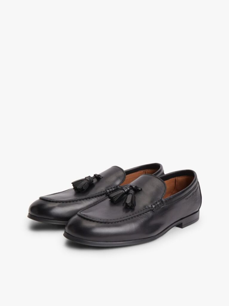 Black Logo Tassel Flexible Leather Loafers  Men