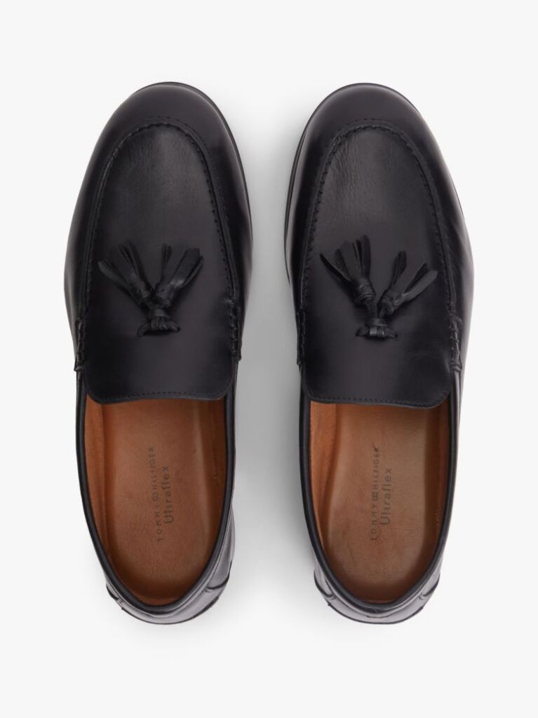 Black Logo Tassel Flexible Leather Loafers  Men