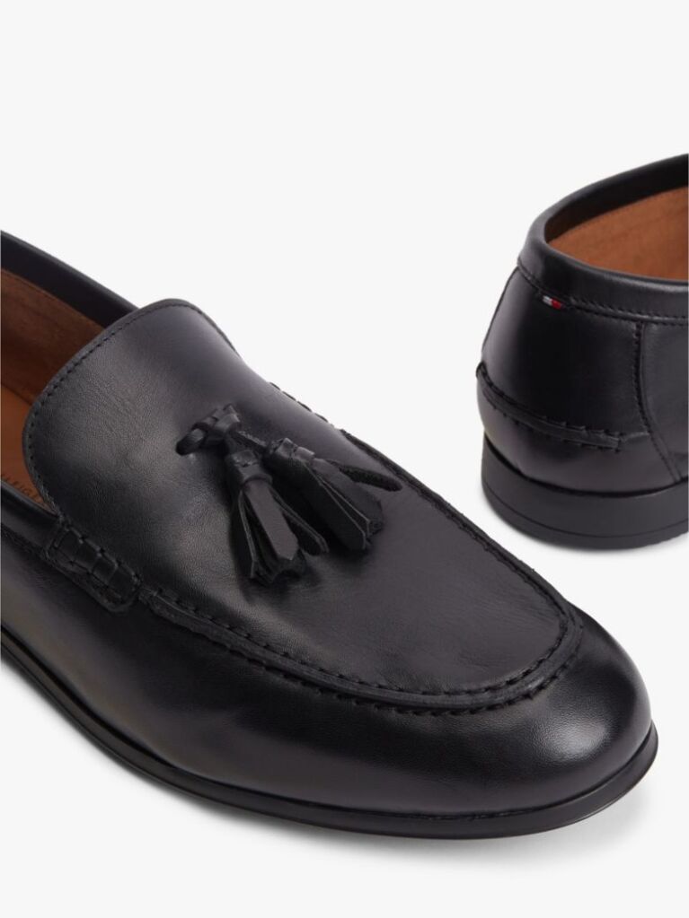Black Logo Tassel Flexible Leather Loafers  Men