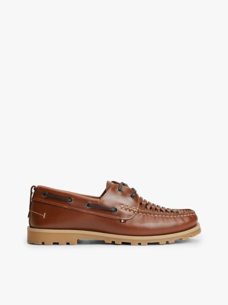 Brown Leather Braided Boat Shoes  Men
