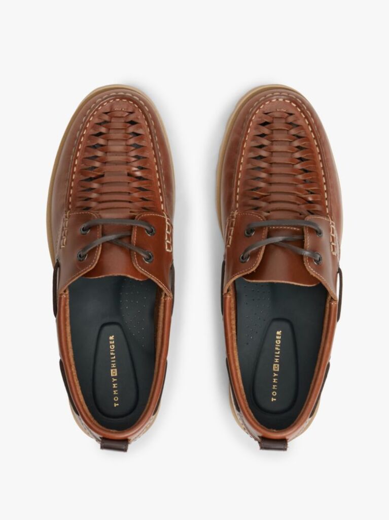 Brown Leather Braided Boat Shoes  Men