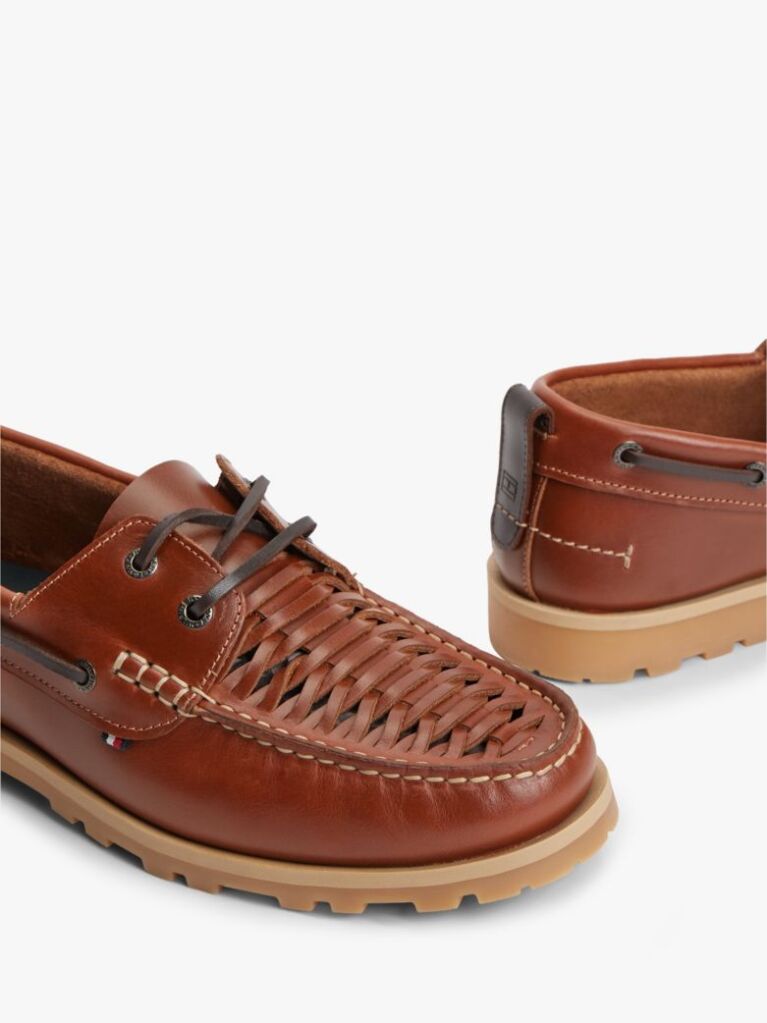 Brown Leather Braided Boat Shoes  Men