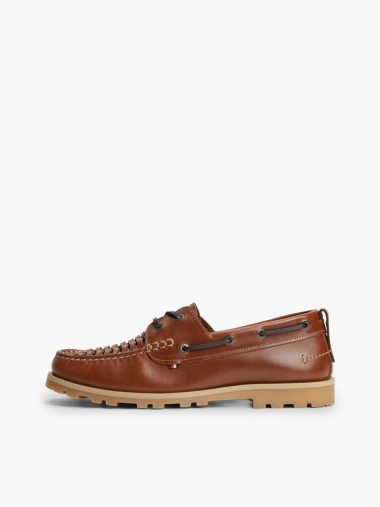 Brown Leather Braided Boat Shoes  Men
