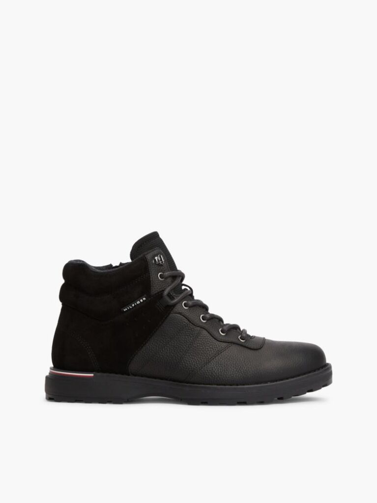 Black Leather Outdoor Cleat Mixed Texture Boots  Men