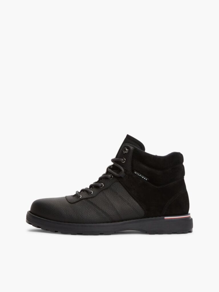 Black Leather Outdoor Cleat Mixed Texture Boots  Men