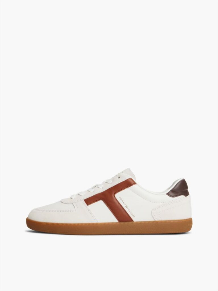 Beige Leather Mixed Texture Trainers  Men